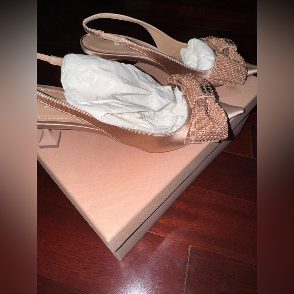 Miu Miu Nude/Rose satin Slingback Heels with Bow - Picture 10 of 12